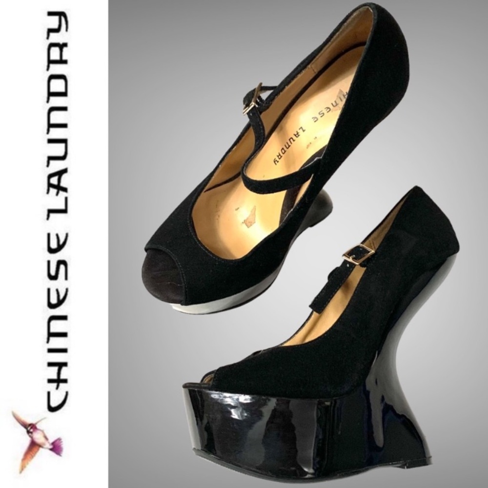Chinese Laundry "China Doll" black suede and patent illusion heel Mary Jane's- 9